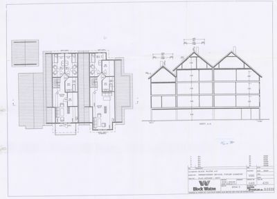 Bildet viser en tegning med etasjeplan (til venstre) og et snitt (til høyre) for en bygning.