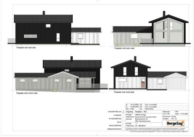 Fasadetegning som viser bygningens utseende fra fire ulike vinkler (sør-øst, sør-vest, nord-vest og nord-øst).