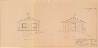 Fasadetegning som viser front- og sideutsikt på en liten hytte med vinduer og dører.