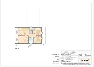Etasjeplan for et loft (Plan loft) som viser romfordeling, dimensjoner og plassering av dører og vinduer.