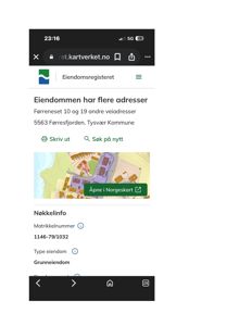 Et skjermbilde fra Eiendomsregisteret som viser eiendomsinformasjon inkludert et kartutsnitt fra Norgeskart.
