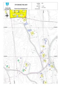 Oversiktskart (situasjonsplan) som viser tomtens plassering i forhold til nabolag, veier og høydeforhold.