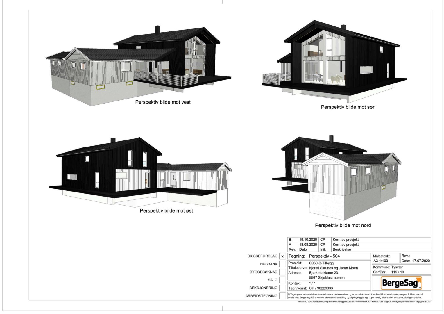 Fire perspektivbilder (renderinger) av en planlagt bolig sett fra ulike vinkler (vest, sør, øst, nord).