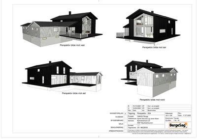 Fire perspektivbilder (renderinger) av en planlagt bolig sett fra ulike vinkler (vest, sør, øst, nord).