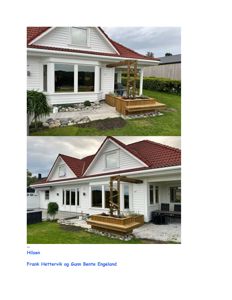 To foton av en ferdigbygd villa sett fra utsiden, som viser fasade, tak, hage og en nybygd terrasse med trapp.