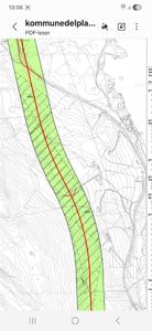 Kartutsnitt fra en kommunedelplan som viser terrengform (konturlinjer) og en markert sone (grønn med skravering) langs en rød linje.