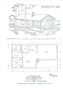 Bildet viser en tegning av et hus (TRECO 66) med både en fasadeillustrasjon øverst og en detaljert etasjeplan nederst med romnavn og mål.