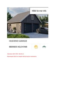 Fotografi av en garasje (Hushovd Garasje) med tekstbeskrivelse av dimensjoner og høyde.