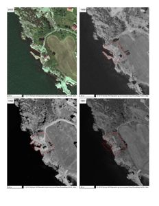 Bildet viser fire satellittbilder (fra 1991, 1993, 1998 og 2002) av en kysttomte med bygningsplassering markert med røde linjer.