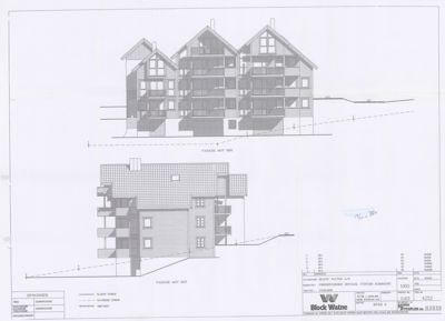 Fasadetegning som viser bygningens utseende fra to ulike vinkler (mot sør og mot vest).