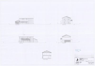 Fasadetegning som viser bygningens utsyn fra fire ulike vinkler (sør, vest, nord, øst) samt et snitt av takkonstruksjonen.