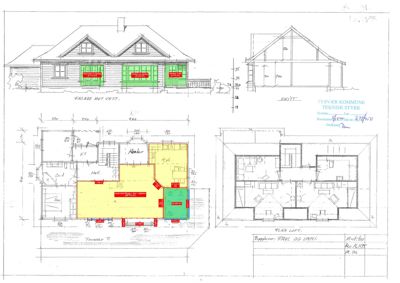 Bildet viser en tegning med etasjeplan (nedenfor) og fasade/snitt (ovenfor) for en bolig.