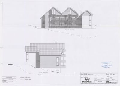 Fasadetegning som viser bygningens utseende fra nord og vest.