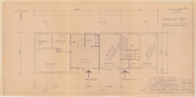 Etasjeplan for en enebolig med hybellettlighet, som viser romfordeling, dimensjoner og innganger.