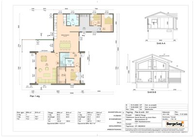 Bildet viser en etasjeplan (Plan 1 etg.) med romfordeling, mål og en snittegning (Snitt A-A og B-B) av bygningen.