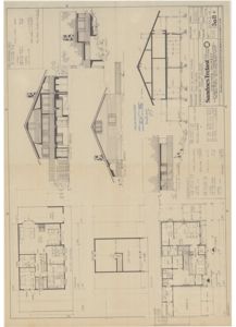 Arkitekttegning som viser fasadeopprikk (fra front og side) samt snitt gjennom bygningen.
