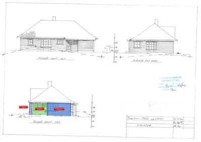 Tegning som viser fasader mot sør, nord og øst for en enebolig.