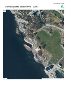 Ortofotokart (satellittbilde) av eiendom med markert grense og bygninger.