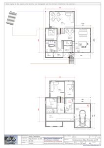 Etasjeplaner for en bolig med romfordeling, mål og arealoppdelinger for 1. og 2. etasje.