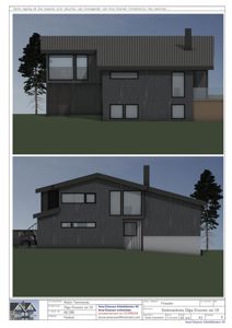 Fasadetegning som viser bygningens utseende fra to ulike vinkler (for- og sidefasade) med arkitektoniske detaljer.