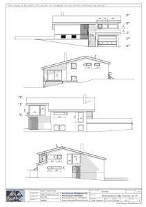 Fasadetegning som viser bygningens utsyn fra tre ulike vinkler (for-, side- og bakfasade) med mål og høydeoppriss.