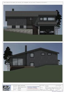 Fasadetegning som viser bygningens utside fra to ulike vinkler (fra foran og fra siden).