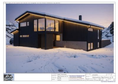 3D-perspektivtegning (rendering) av en husfasade i snø, med arkitektkontorens logo og tegningsinformasjon nederst.