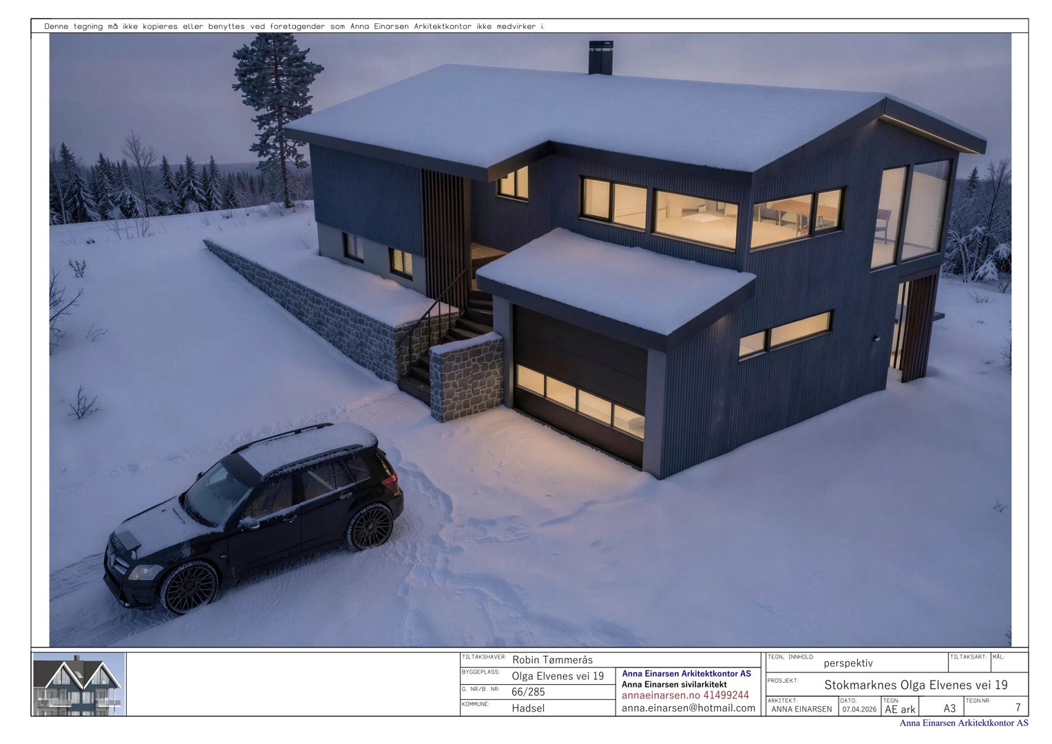3D-visualisering (perspektivtegning) av en planlagt bolig i snø, med bil og omgivelser.