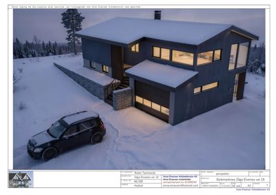 3D-visualisering (perspektivtegning) av en planlagt bolig i snø, med bil og omgivelser.