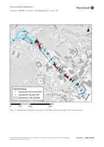 Kart over Øysteseelva som viser høydepunktmålinger (røde og svarte punkter) og vannflate (blå område).
