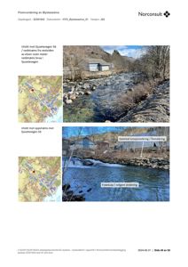 Fotografier av Øysteseelva med utsikt mot Sjusetevegen 56, inkludert merknader om erosjonssikring og fiskekulper.