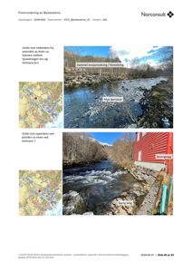 Fotografier av Øysteseelva med utsikt mot nedstrøms og oppstrøms, inkludert merknader om erosjonssikring, løsmasse og berg.