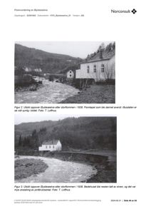 Historiske svart-hvitt-fotografier av Øysteseelva etter en storflom i 1938, inkludert utsikt over elva og et bedehus som ble tatt av elva.