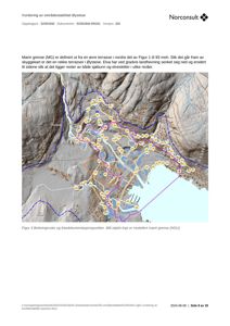 Et kart som viser et terrengmodell (DGM) med overlagte data om befaringsruter, fotodokumentasjonspunkter og en modellert marin grense i Øystese.