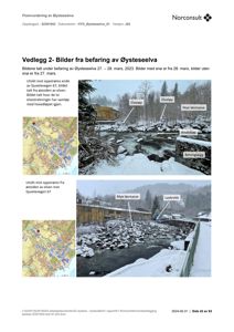 Fotografier fra befaring av Øysteseelva, inkludert utsikter mot elveløp, løsmasse og betongvegg.