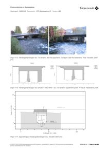 Bildet viser en side fra en rapport som inneholder to foton av Hardangerfjordvegen bru over Øysteseelva, samt to grafiske profiler og en oppmålingsplan som viser vannstand og brokonstruksjon.