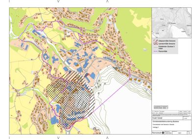 Kart over Kvam herad som viser planområder, faresoner og dybdekoter for et områdestabilitetsvurdering.