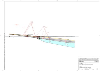 Tegning som viser et tverrsnitt (profil) av et terreng med markerte punkter for stabilitetsanalyse (f.eks. T=112, T=163).