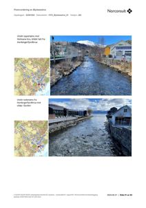 Dokumentet viser en flomvurdering med to store fotografier av Øysteseelva (oppstrøms og nedstrøms Hardangerfjordbrua) og tilhørende situasjonskart.