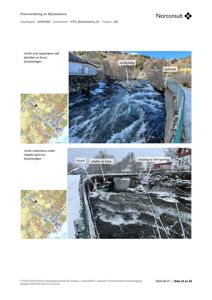 Fotografier av Øysteseelva med utsikt mot og under en bro, inkludert kartutsnitt og tekstmeldinger om flomvurdering.