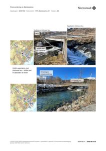 Fotografier og kart som viser utsikt over Øysteseelva, Holmane bru, og omgivelsene for en flomvurdering.