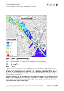 Kart som viser vannhastighetsfordeling (fargekodet) for en 200-årsflom med klimapåslag i Øysteseelva.