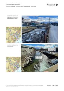 Fotografier av Øysteseelva med merknader om erosjonssikring, vannhastighet og vannstand.