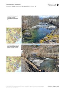 Fotografier av Øysteseelva med utsikt mot nedstrøms og oppstrøms fra vest siden av elven, inkludert kartutsnitt.