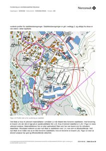 Kart over et område (Øystese) med topografiske kurver, bygninger og profiler for stabilitetsberegninger.