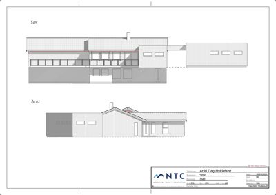 Fasadetegning som viser bygningens utseende sett fra sør og aust.