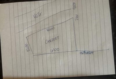 Håndtegnet situasjonsplan som viser en carport med mål, plassert mellom en vei og en husvegg.