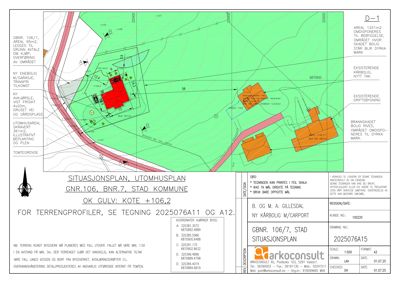 Situasjonsplan som viser tomtens beliggenhet, omgivende vegnett, eksisterende og planlagt bebyggelse, samt tomtegrenser og høydemål.