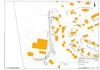 Situasjonsplan (Kartsteinsplan) som viser bygningers plassering, vegnett og terrengforhold i et område.