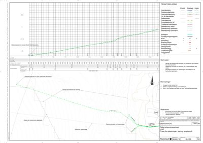 Kart over tomt med gjennomsnittlig vannstand (grønn linje) og grenser for forurensning av overvann og avløpsvann.